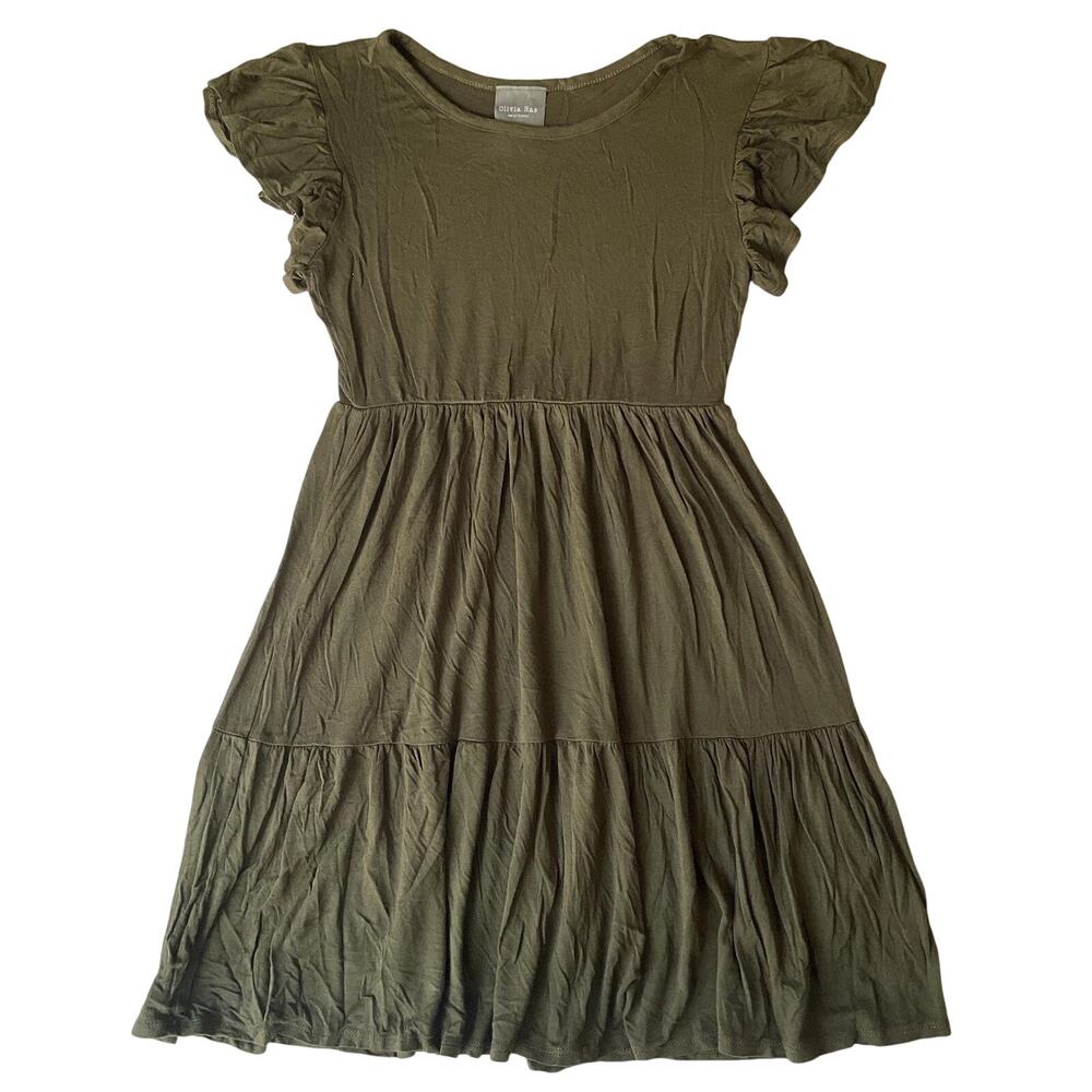 Olivia Rae Women Dress XS Olive A-Line Ruffle Short Sleeve Knee Length Stretchy